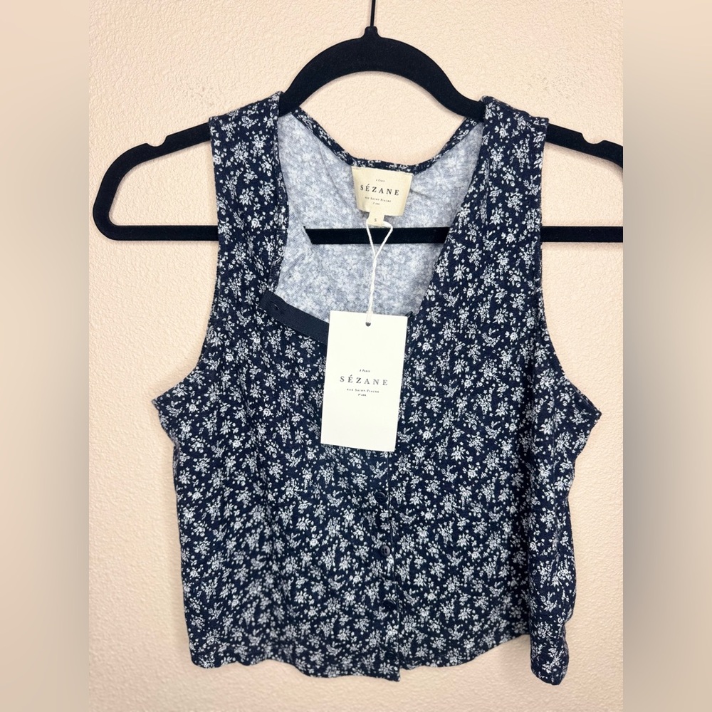 NWT Sézane Loriane Navy Floral Cropped Tank Top Size S - Picture 5 of 6